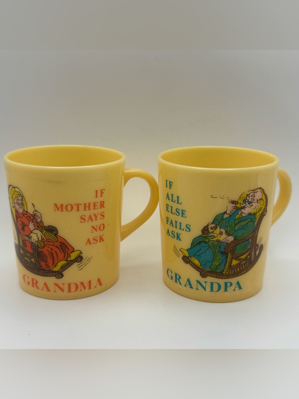 Vintage Grandma & Grandpa Yellow Plastic Mug Set Funny 1970s Coffee Cups